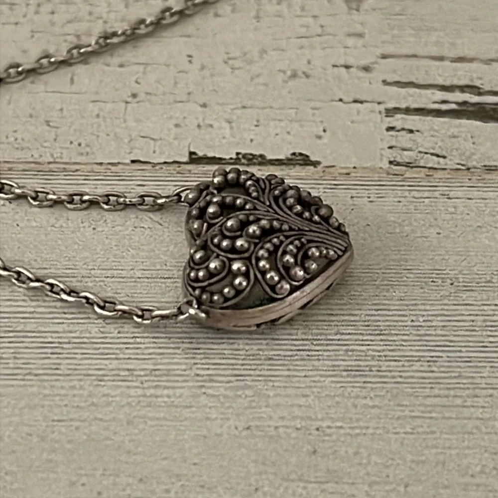 Lois Hill Sterling Silver Granulated Filigree Puffed Heart Necklace 925
